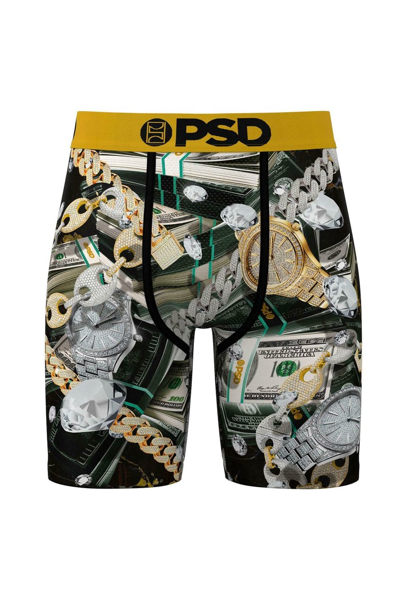 Boxer briefs para hombre en negro, con un diseño vívido de dinero, cadenas y joyas. Cintura con logo amarillo; forma ajustada con una textura suave.