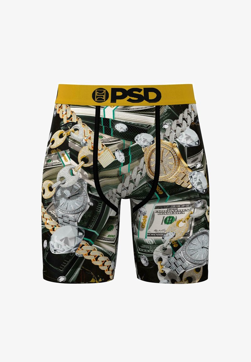 Férfi boxeralsó fekete színben, élénk pénz, láncok és ékszerek mintázattal. Sárga logós derékpánt; testhezálló forma sima textúrával.