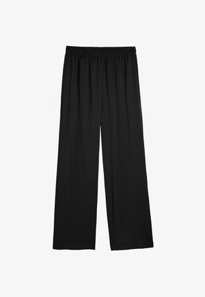 Czarne spodnie o szerokich nogawkach z elastycznym paskiem w talii, wykonane z lekkiego materiału, o gładkiej teksturze i pełnej długości.
