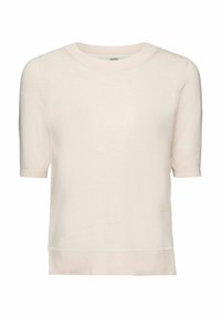 Maglione a maniche corte di colore beige chiaro, con scollatura tonda, polsini e orlo a coste, texture liscia e vestibilità morbida.