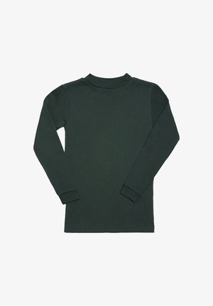 Camisa de manga larga en algodón verde oscuro. Cuenta con un cuello redondo, puños ajustados y una textura suave sin estampados ni adornos visibles.
