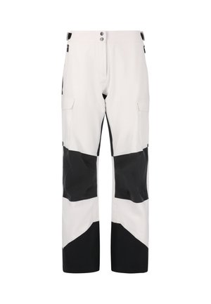 White and black ski pants with a modern design, featuring a two-button closure, cargo pockets, and color-blocked patterns on legs.