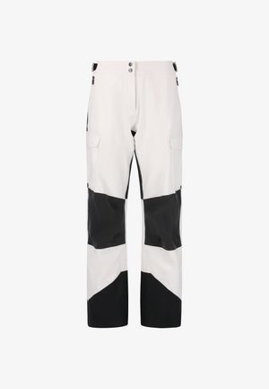 White and black ski pants with a modern design, featuring a two-button closure, cargo pockets, and color-blocked patterns on legs.