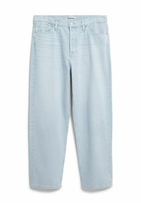 Jeans azzurri a gamba dritta con bottone e cerniera frontali, passanti per cintura e design a cinque tasche, stesi su sfondo bianco.