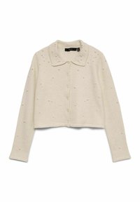 Krēmkrāsas īss kardigans ar apkakli, ar pogu aizdari priekšpusē un dekoratīviem maziem pērlīšu akcentiem visā audumā.
