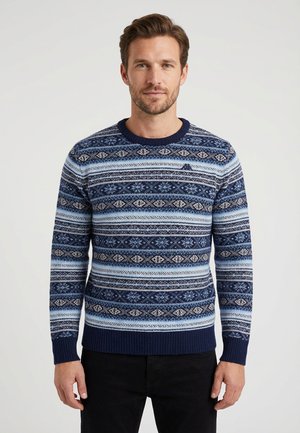 Uomo in piedi che indossa un maglione lavorato a maglia blu e bianco con maniche lunghe e pantaloni scuri, su uno sfondo neutro.