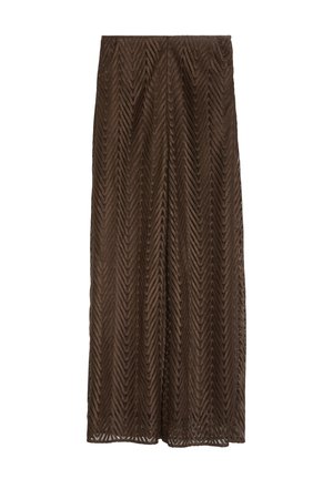Dark brown skirt with chevron pattern, textured fabric, and a straight, ankle-length cut.
