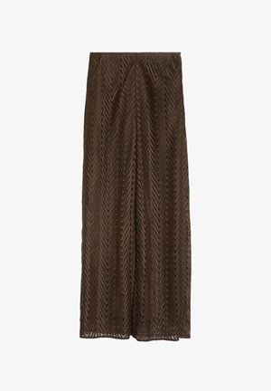 Dark brown skirt with chevron pattern, textured fabric, and a straight, ankle-length cut.