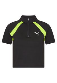 Černý sportovní top s krátkými rukávy, s límcem na zip a jasně zelenými akcenty na ramenech, navíc bílým logem na hrudi.