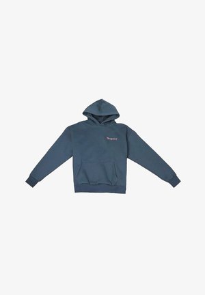 Blaues Baumwoll-Hoodie mit einer Fronttasche, verstellbarem Kordelzug an der Kapuze und gesticktem Text auf der linken Brust. Weiche Textur und entspannte Passform.