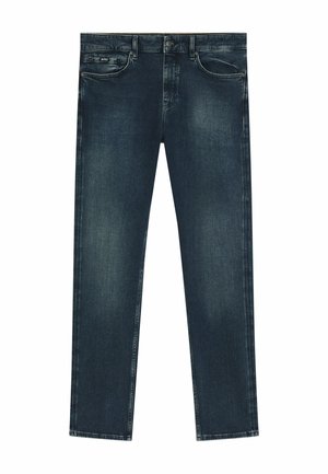 Donkerblauwe slim-fit spijkerbroek met lichte vervaging, voorzakken, riemlussen en een knoopsluiting.