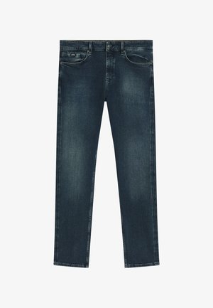 Donkerblauwe slim-fit spijkerbroek met lichte vervaging, voorzakken, riemlussen en een knoopsluiting.