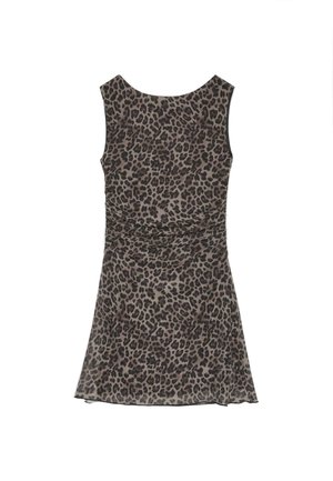 Ärmelloses Kleid mit braun-schwarzem Leopardenmuster, taillierter Passform und ausgestelltem Rock, flach auf weißem Hintergrund dargestellt.