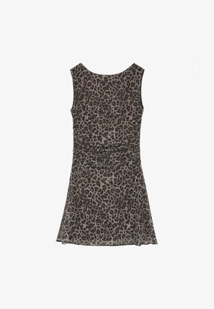 Robe sans manches avec imprimé léopard marron et noir, taille cintrée et jupe évasée, présentée à plat sur fond blanc.