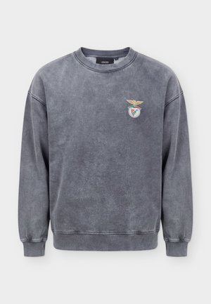 Ξεθωριασμένο σκούρο γκρι φούτερ με στρογγυλή λαιμόκοψη, μακριά μανίκια και ένα μικρό κεντητό έμβλημα με αετό και ασπίδα στο αριστερό στήθος.