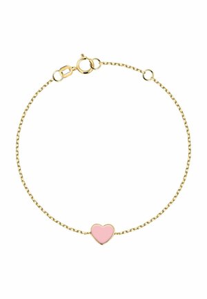 Zartes Goldkettchenarmband mit einem kleinen, pinken herzförmigen Anhänger in der Mitte und einem runden Federverschluss.