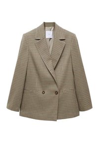Blazer à double boutonnage beige et marron avec motif pied-de-poule, larges revers et deux boutons sur le devant, présenté sur un fond blanc.