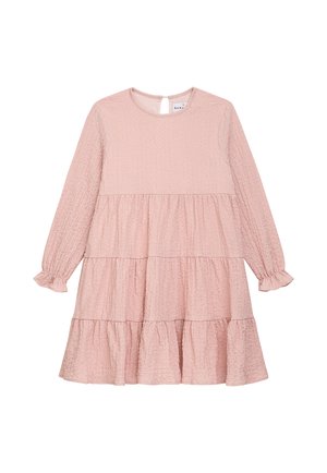 Rosa gestuftes Kleid mit langen Ärmeln, rundem Ausschnitt, strukturiertem Stoff und Rüschenmanschetten. Verfügt über einen Knopfverschluss am Rücken und ein fließendes Design.