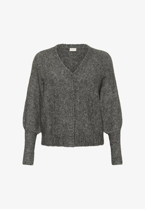 Mörkgrå stickad cardigan med långa puffärmar, V-ringning, ribbade manschetter och fåll, visad mot en vit bakgrund.