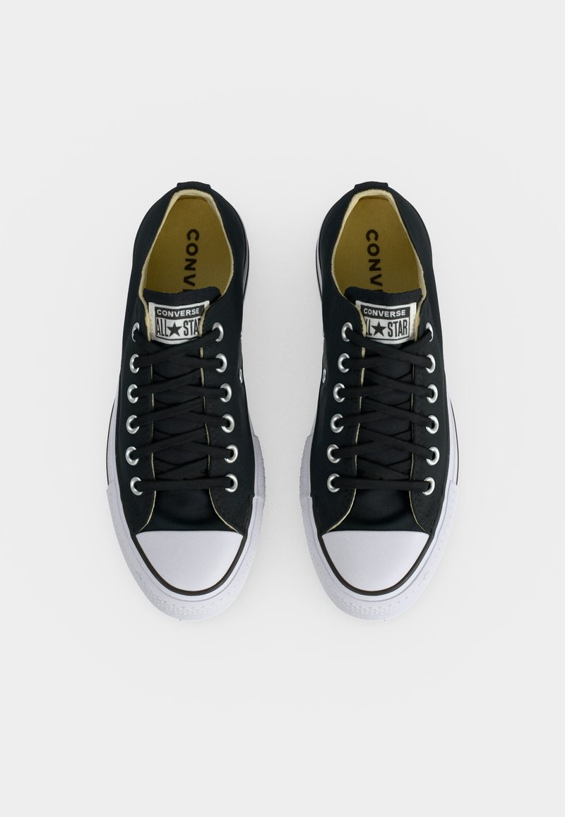 Coppia di sneaker basse Converse All Star nere viste dall'alto su uno sfondo bianco semplice.