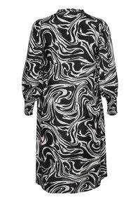 Robe à motifs tourbillonnants noir et blanc avec des manches longues, une coupe décontractée et un décolleté froncé. Fabriquée en tissu léger.