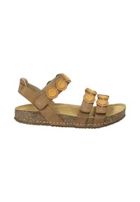 Sandale en cuir marron avec trois sangles ajustables ornées d'accents circulaires jaunes, semelle en liège et semelle intérieure beige clair.
