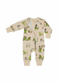 Beige baby jumpsuit med dragkedja, med illustrationer av katter, kycklingar, blommor och växter i lekfulla poser och gröna kläder.