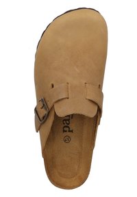 Brown suede clog with a wide strap and a metallic buckle. Textured insole and smooth surface, featuring a rounded toe and backless design.