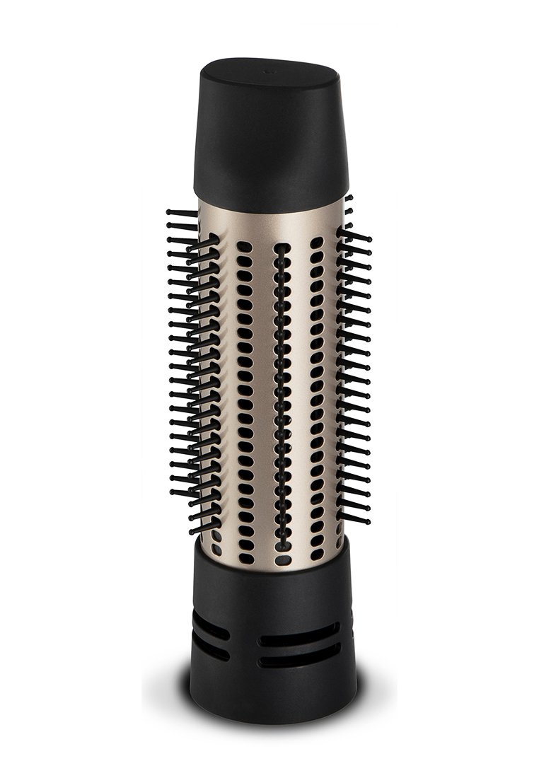 Runde Haarbürste mit schwarzem Griff, goldfarbener metallischer Bürste und gleichmäßig verteilten schwarzen Borsten. Verfügt über Belüftungsöffnungen für Luftzirkulation.
