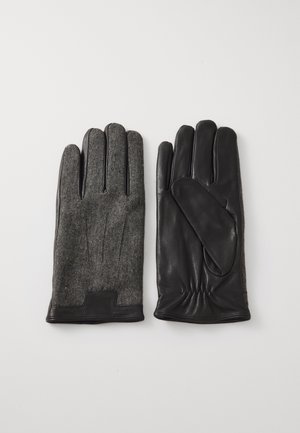Leren en wol gemengde handschoenen in zwart en grijs. Voorzien van vijf vingers, textuur in grijs op de achterkant en een gladde zwarte leren handpalm.