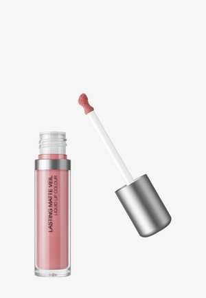 Roze matte vloeibare lipkleur met zilverkleurige dop, applicator met een schuine sponspunt bedekt met het product.
