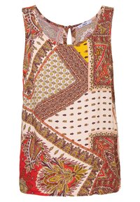 Top sans manches avec divers motifs en rouge, jaune et crème, présentant un design géométrique, un dos en clé et une texture de tissu douce.