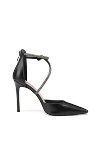 Scarpa nera in pelle con tacco alto, punta affusolata e cinturino alla caviglia decorato con accenti metallici. Texture liscia e silhouette elegante.