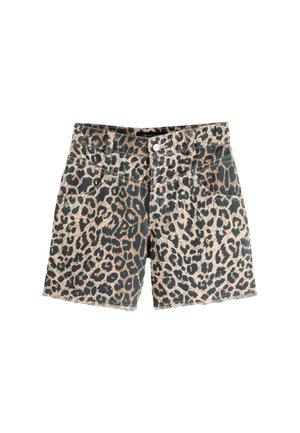 Džínové šortky s hnedo-čiernym leopardím vzorom, predné zapínanie na gombík a zips, dve predné vrecká, na bielom pozadí.