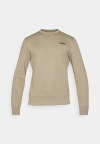 Beige sweatshirt with long sleeves, ribbed cuffs, and hem. Features a subtle round neckline and "BORG" logo in black on the chest.