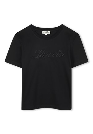 Black short-sleeve t-shirt made of cotton, featuring tonal embroidered "Lanvin" logo on the front and a crew neckline. Smooth texture, casual fit.