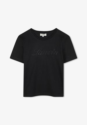 Črna majica s kratkimi rokavi iz bombaža, ki ima na sprednji strani tonirano vezeno logotip "Lanvin" in okrogel ovratnik. Gladka tekstura, priložnostna kroja.