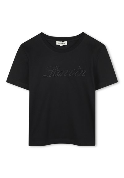 Juodas trumpomis rankovėmis medvilninis marškinėliai su toniniu siuvinėtų „Lanvin“ logotipu priekyje ir apvaliu kaklu. Lygus tekstūra, kaspinis siluetas.
