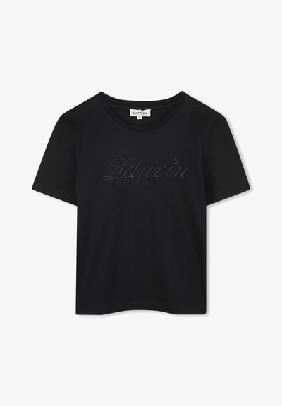 Juodas trumpomis rankovėmis medvilninis marškinėliai su toniniu siuvinėtų „Lanvin“ logotipu priekyje ir apvaliu kaklu. Lygus tekstūra, kaspinis siluetas.