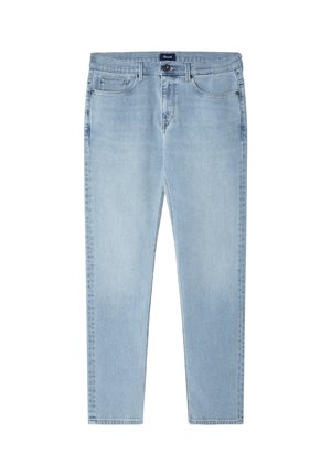 Jeans slim fit in denim azzurro chiaro con cinque tasche, chiusura con bottoni e passanti per cintura, mostrati stesi su uno sfondo bianco.