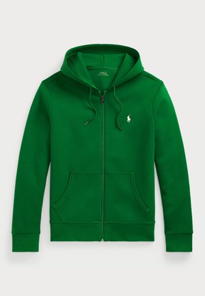 Sweat à capuche zippé vert avec poches avant, capuche à cordon et logo Polo Ralph Lauren blanc sur la poitrine gauche.