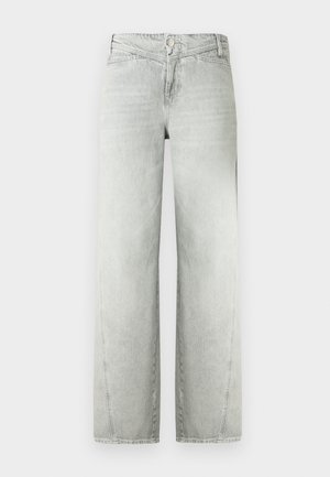 Sive široke traperice od trapera, visokog struka, s pet džepova i zatvaranjem na kopču. Glatka tekstura s izblijedjelim efektom.