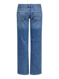 Jean droit en denim bleu vu de dos avec deux poches arrière et une ceinture standard avec passants pour ceinture.