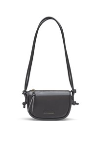 Borsa a tracolla nera con finitura in pelle liscia, forma arrotondata, tracolla sottile, zip dorata e dettaglio decorativo a nodo sul lato.