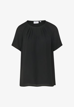 Blusa nera a maniche corte con scollo rotondo, piccole pieghe sul davanti e vestibilità ampia.