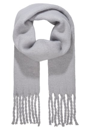 Light gray soft wool scarf with fringed ends, folded in a loose loop.