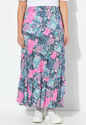 Maxi rok met een patchwork ontwerp met rozen-, teal- en marineblauwe bloemenpatronen. Gemaakt van lichtgewicht stof met een uitlopende silhouet.