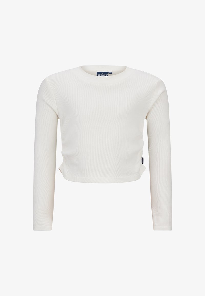 Weißes, geripptes, langärmliges Cropped-Top mit runder Ausschnitthalslinie und seitlichen Schlitzen. Verfügt über ein Etikett auf der linken Seite nahe dem Saum.