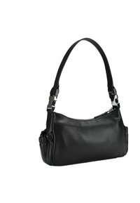 Bolso de mano de cuero negro con textura suave, cierre de cremallera y correa ajustable. Presenta detalles metálicos y una forma redondeada.