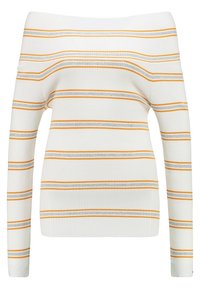 Off-shoulder ribbed sweater in white with vertical stripes in orange and gray. Features long sleeves and a snug silhouette.